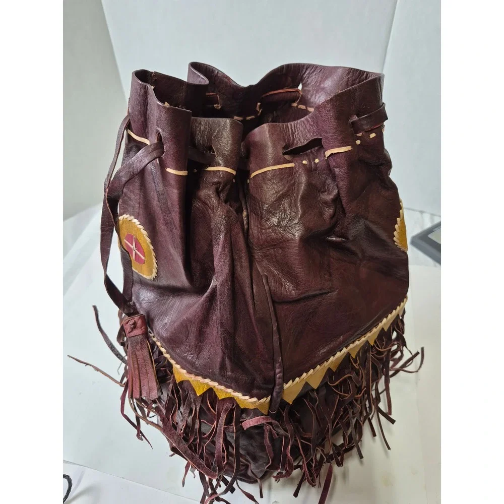 Vintage Handmade Leather Fringe Medicine Bag Drawstring Pouch Burgundy Boho